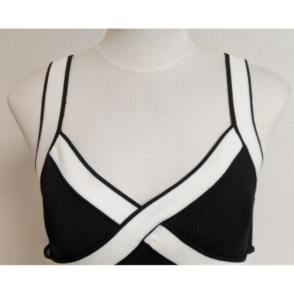 Women's CIDER Black & White Ribbed Knit Crossover Front Crop Top Sweater XL - Picture 3 of 6